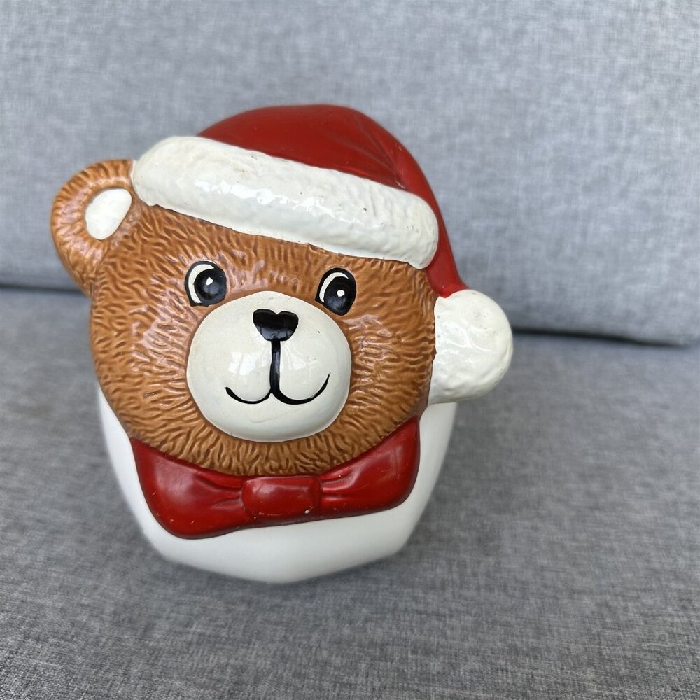 Vintage Himark Bear Cookie Jar White Bear Head Top Christmas Hat and Bow